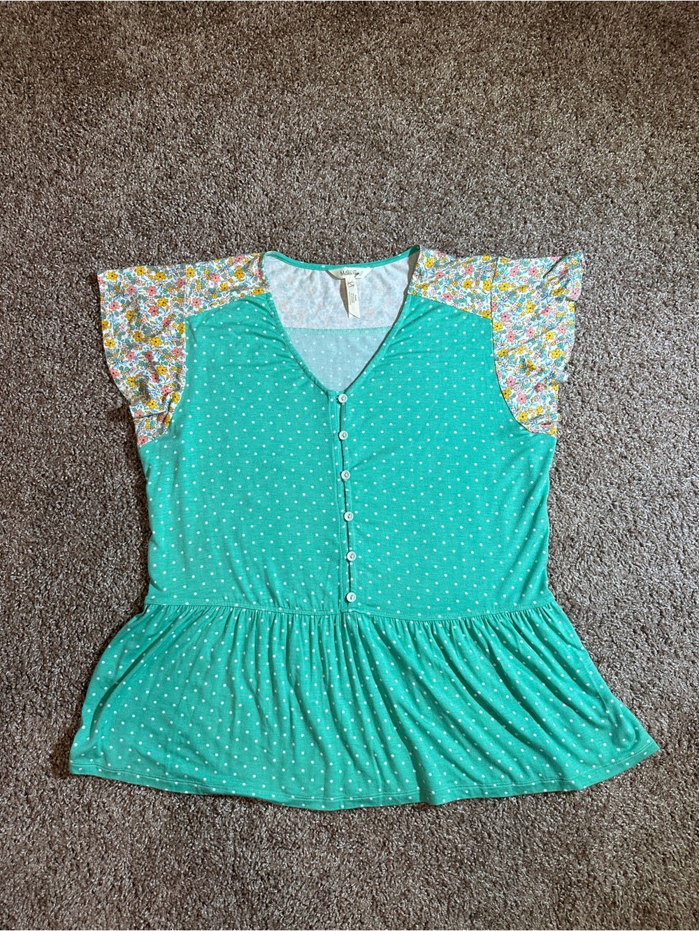 Matilda Jane Teal Trim Top with Subtle Pastel Print